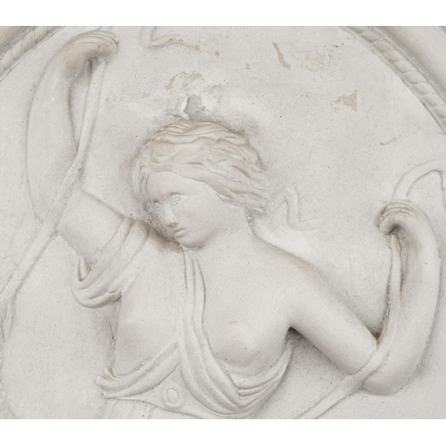 2324 - 19th century style oval plaster wall plaque decorated in relief with a semi nude maiden, 50cm x 36.5... 