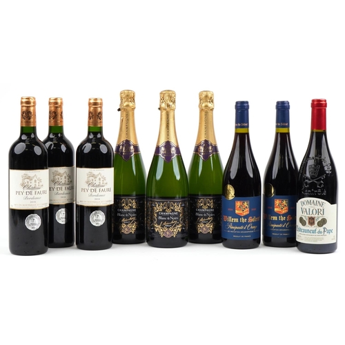 2232 - Six bottles of red wine and three bottles of Blanc de Noirs Champagne, the red wine comprising three... 