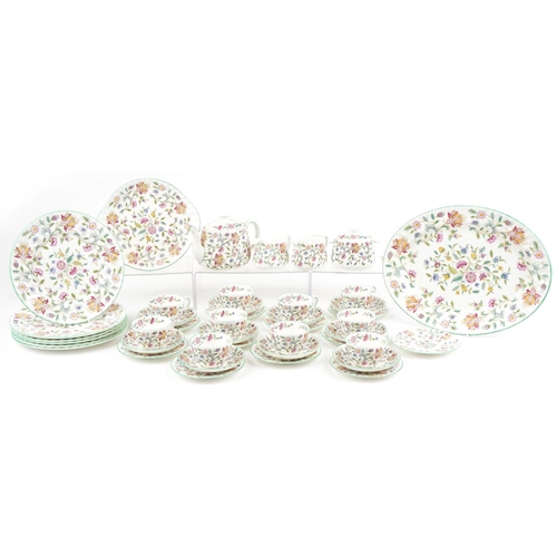 2317 - Minton Haddon Hall dinner and teaware including teapot, large oval platter, trios and dinner plates,... 