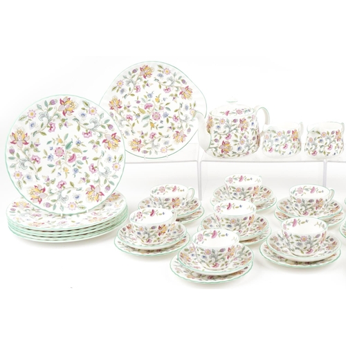 2317 - Minton Haddon Hall dinner and teaware including teapot, large oval platter, trios and dinner plates,... 