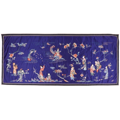 532 - Large Chinese silk textile embroidered with an emperor amongst Geishas and figures, one riding a pho... 