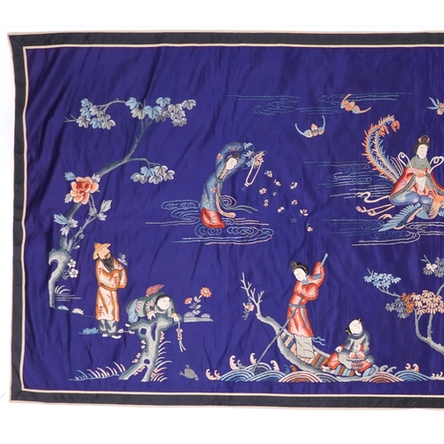 532 - Large Chinese silk textile embroidered with an emperor amongst Geishas and figures, one riding a pho... 