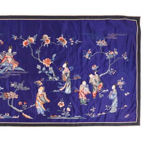 532 - Large Chinese silk textile embroidered with an emperor amongst Geishas and figures, one riding a pho... 