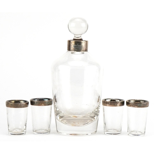 691 - French Art Deco silver mounted crystal decanter with stopper and four liqueur glasses, the decanter ... 