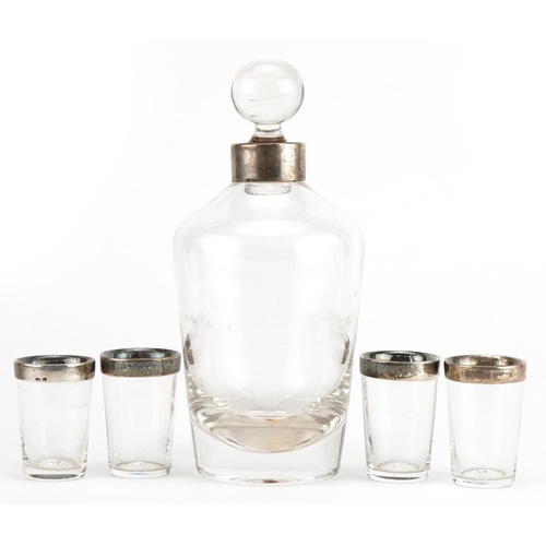 691 - French Art Deco silver mounted crystal decanter with stopper and four liqueur glasses, the decanter ... 