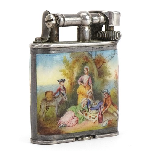 Alfred Dunhill, French 900 grade silver pocket lighter enamelled with a family in traditional dress with a picnic before a church, 4.5cm high, 65.8g