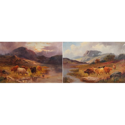 284 - Charles W Oswald - Scottish Highland scenes with cattle, pair of 19th century oil on canvases, each ... 