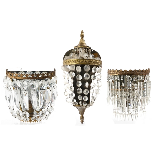 480 - Three French style gilt brass wall lights with cut glass drops including two with mirrored backs, th... 