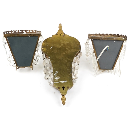 480 - Three French style gilt brass wall lights with cut glass drops including two with mirrored backs, th... 