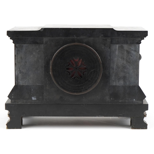 2445 - Victorian black slate mantle clock striking on a gong with bronze mounts and applied masks, the circ... 