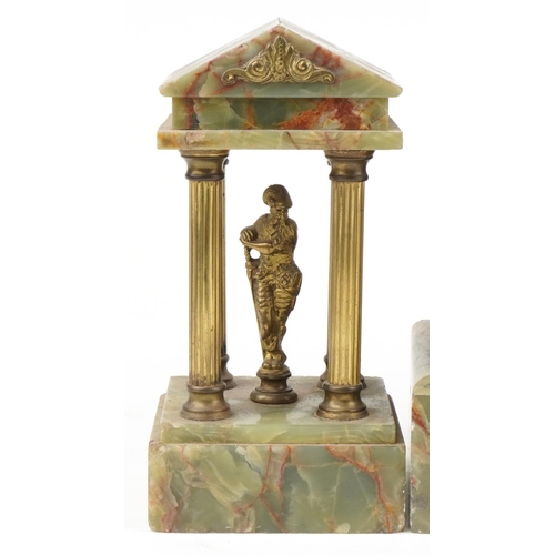 698 - Gustav Becker, German onyx architectural mantle clock with figural garnitures and enamelled chapter ... 