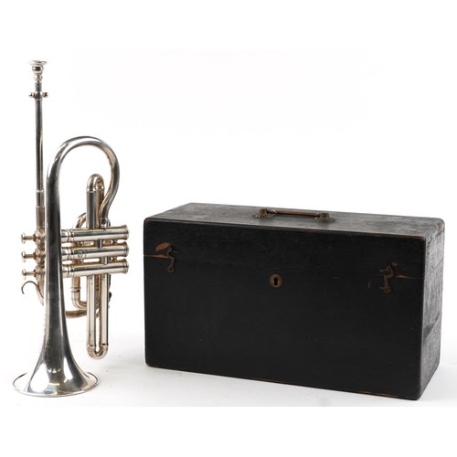 1019 - Besson & Co prototype class A silver plated cornet housed in a fitted case with various mouthpieces ... 