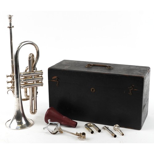 1019 - Besson & Co prototype class A silver plated cornet housed in a fitted case with various mouthpieces ... 