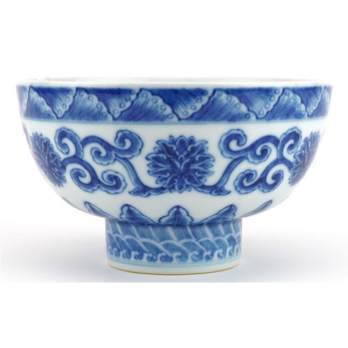 2727 - Chinese blue and white porcelain footed bowl hand painted with flower heads amongst scrolling foliag... 