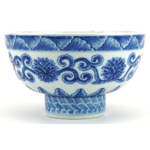 2727 - Chinese blue and white porcelain footed bowl hand painted with flower heads amongst scrolling foliag... 