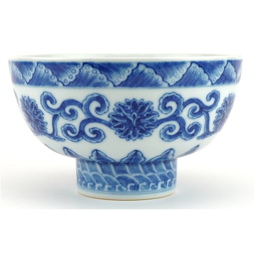 2727 - Chinese blue and white porcelain footed bowl hand painted with flower heads amongst scrolling foliag... 