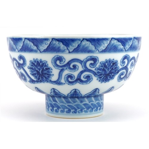 2727 - Chinese blue and white porcelain footed bowl hand painted with flower heads amongst scrolling foliag... 