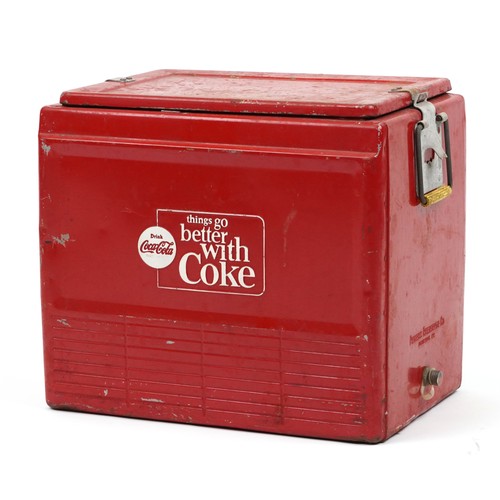 579 - Vintage Coca Cola advertising ice cooler with carrying handles, 41cm H x 45.5cm W x 33cm D