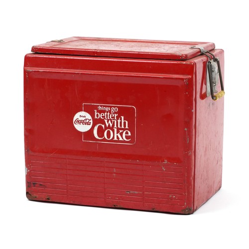 579 - Vintage Coca Cola advertising ice cooler with carrying handles, 41cm H x 45.5cm W x 33cm D