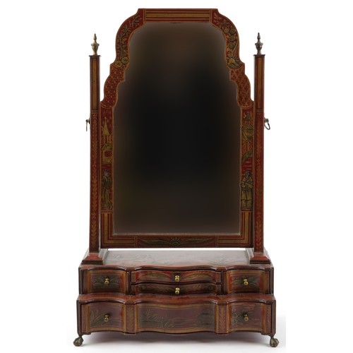 Queen Anne style chinoiserie red lacquered dressing table mirror gilded with figures amongst pavilions fitted with an arrangement of five drawers on claw and ball feet, 69cm high