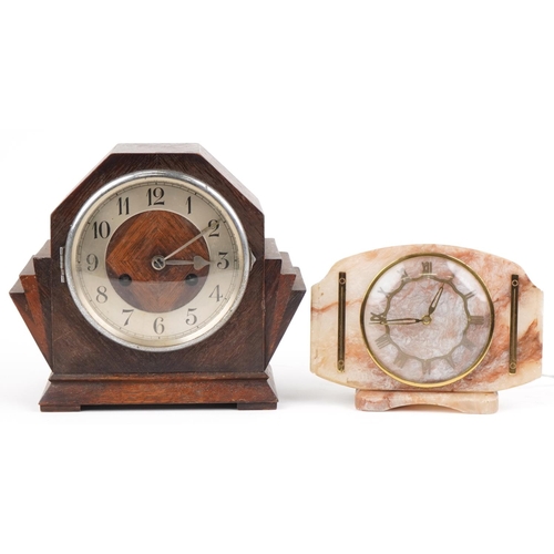 2705 - Art Deco inlaid oak cased mantle clock of fan design and electric onyx example with Roman numerals, ... 