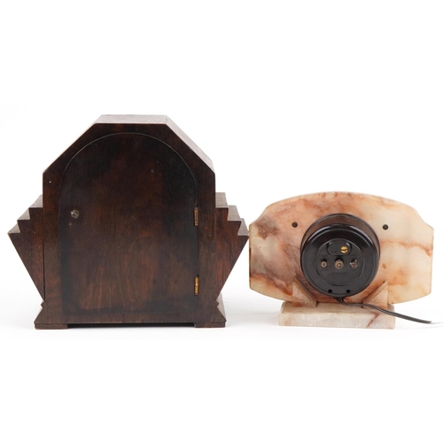 2705 - Art Deco inlaid oak cased mantle clock of fan design and electric onyx example with Roman numerals, ... 