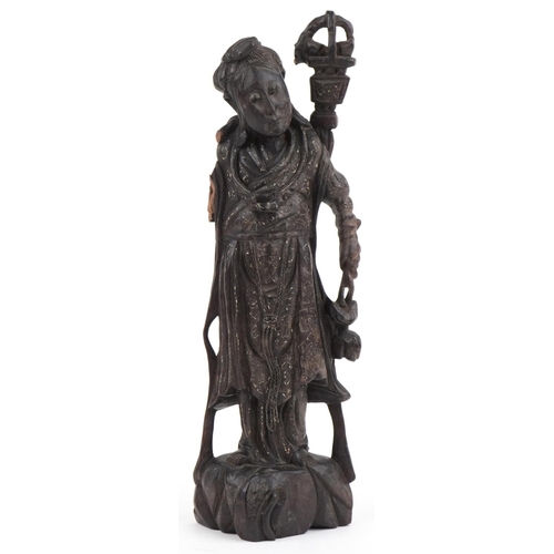 2628 - Chinese carved hardwood figure with white metal inlay, 42cm high