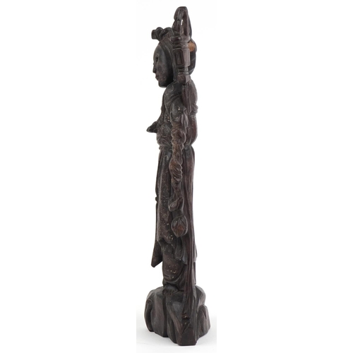 2628 - Chinese carved hardwood figure with white metal inlay, 42cm high