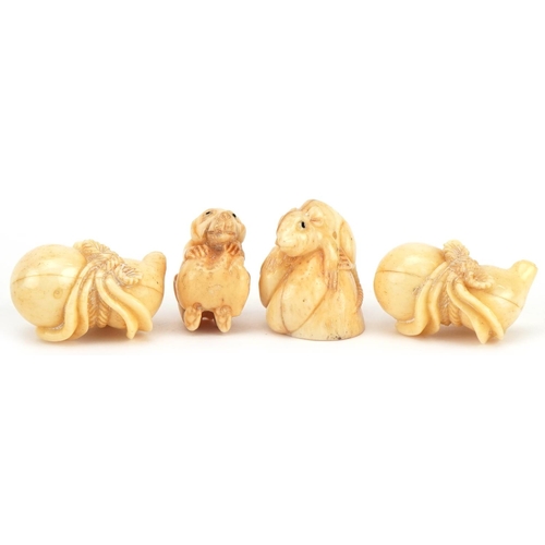 2600 - Four Japanese carved bone netsukes of mice, the largest 2.5cm high