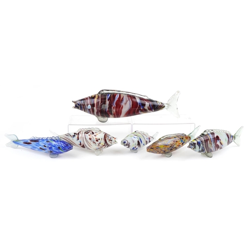 2531 - Six large Romanian Murano style colourful glass fish, the largest 52.5cm in length