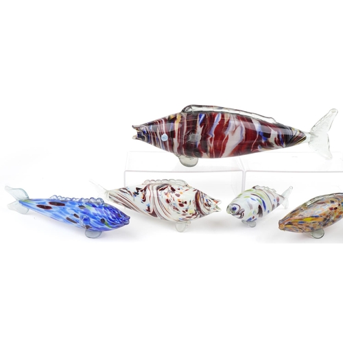 2531 - Six large Romanian Murano style colourful glass fish, the largest 52.5cm in length