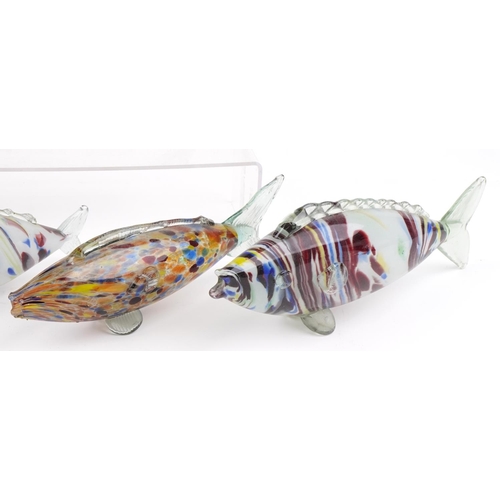 2531 - Six large Romanian Murano style colourful glass fish, the largest 52.5cm in length