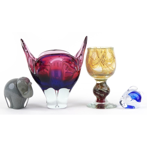 2601 - Art glassware including a goblet attributed to Mdina and Wedgwood paperweight in the form of an elep... 