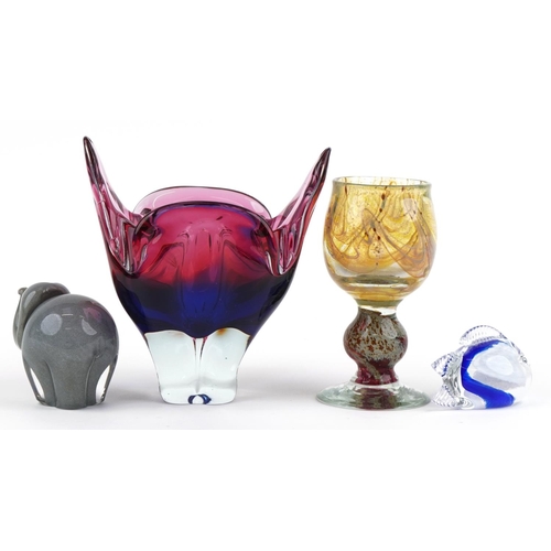 2601 - Art glassware including a goblet attributed to Mdina and Wedgwood paperweight in the form of an elep... 