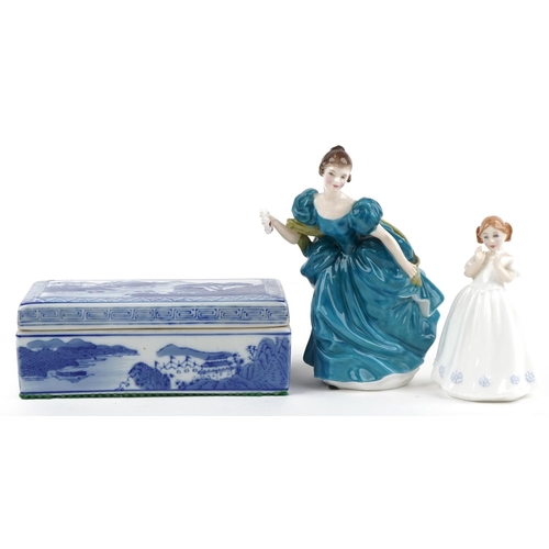 2642 - Two Royal Doulton figurines and a Chinese blue and white porcelain box and cover, the largest 19cm w... 