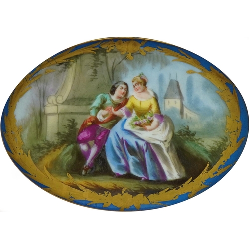 222 - Attributed to Sevres, 19th century French oval porcelain plaque hand painted with a courting couple ... 