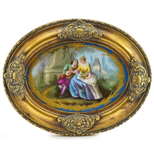 222 - Attributed to Sevres, 19th century French oval porcelain plaque hand painted with a courting couple ... 