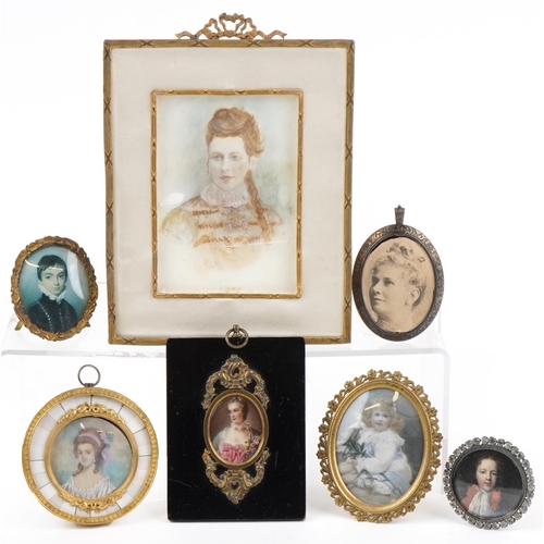 217 - Seven 18th/19th century and later portrait miniatures and frames including a rectangular example of ... 