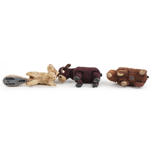 1171 - Four early 20th century clockwork animals including a Schuco mouse, bear with Made in Japan label an... 