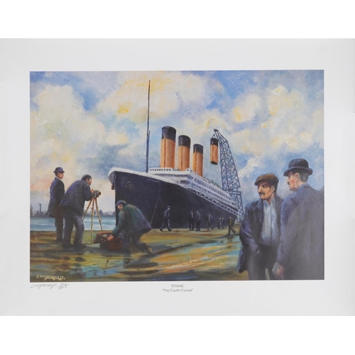 1681 - J McDonald - Titanic The 4th Funnel and The Titanic Going Home, pencil signed prints, unframed, each... 