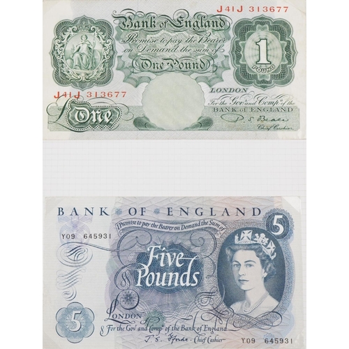 1612 - British and world banknotes arranged in an album including white five pound note, Chief Cashier P S ... 