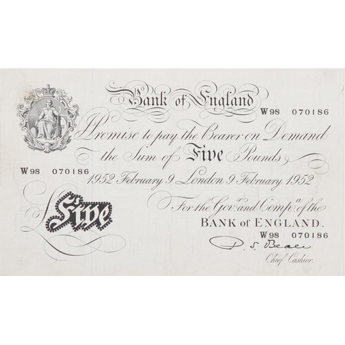 1612 - British and world banknotes arranged in an album including white five pound note, Chief Cashier P S ... 