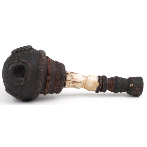 416 - African tribal interest smoking pipe with carved bone figural mounts, 38cm in length