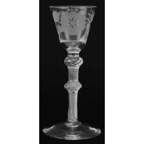 18th century Jacobite double knop wine glass with air twist stem and rose engraved bowl, 15.5cm high