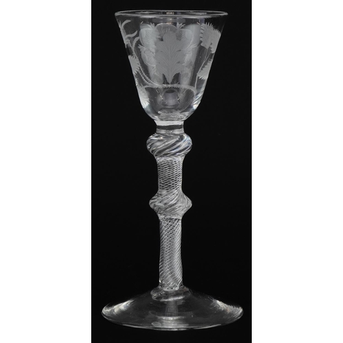 52 - 18th century Jacobite double knop wine glass with air twist stem and rose engraved bowl, 15.5cm high