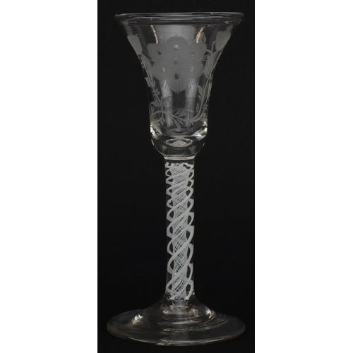 53 - 18th century Jacobite wine glass with multiple opaque twist stem and floral engraved bowl, 18cm high
