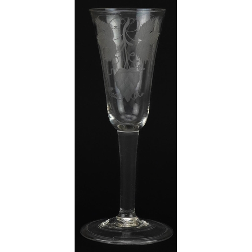 263 - 18th century wine glass on folded foot with tapering bowl engraved with strawberry and wheat, 19cm h... 