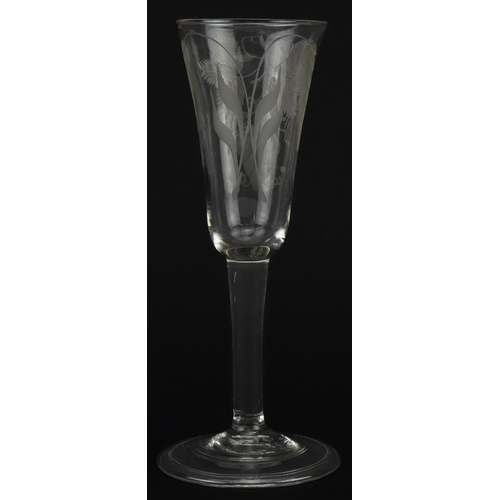 263 - 18th century wine glass on folded foot with tapering bowl engraved with strawberry and wheat, 19cm h... 