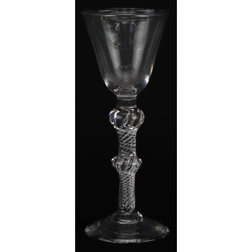 58 - 18th century double knop wine glass with air twist stem, 14.5cm high
