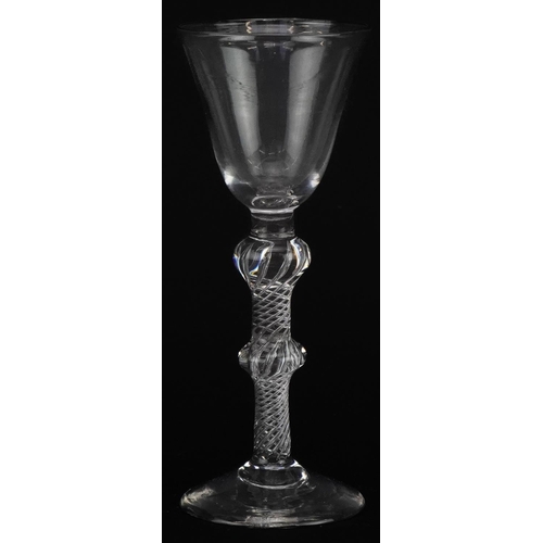 58 - 18th century double knop wine glass with air twist stem, 14.5cm high